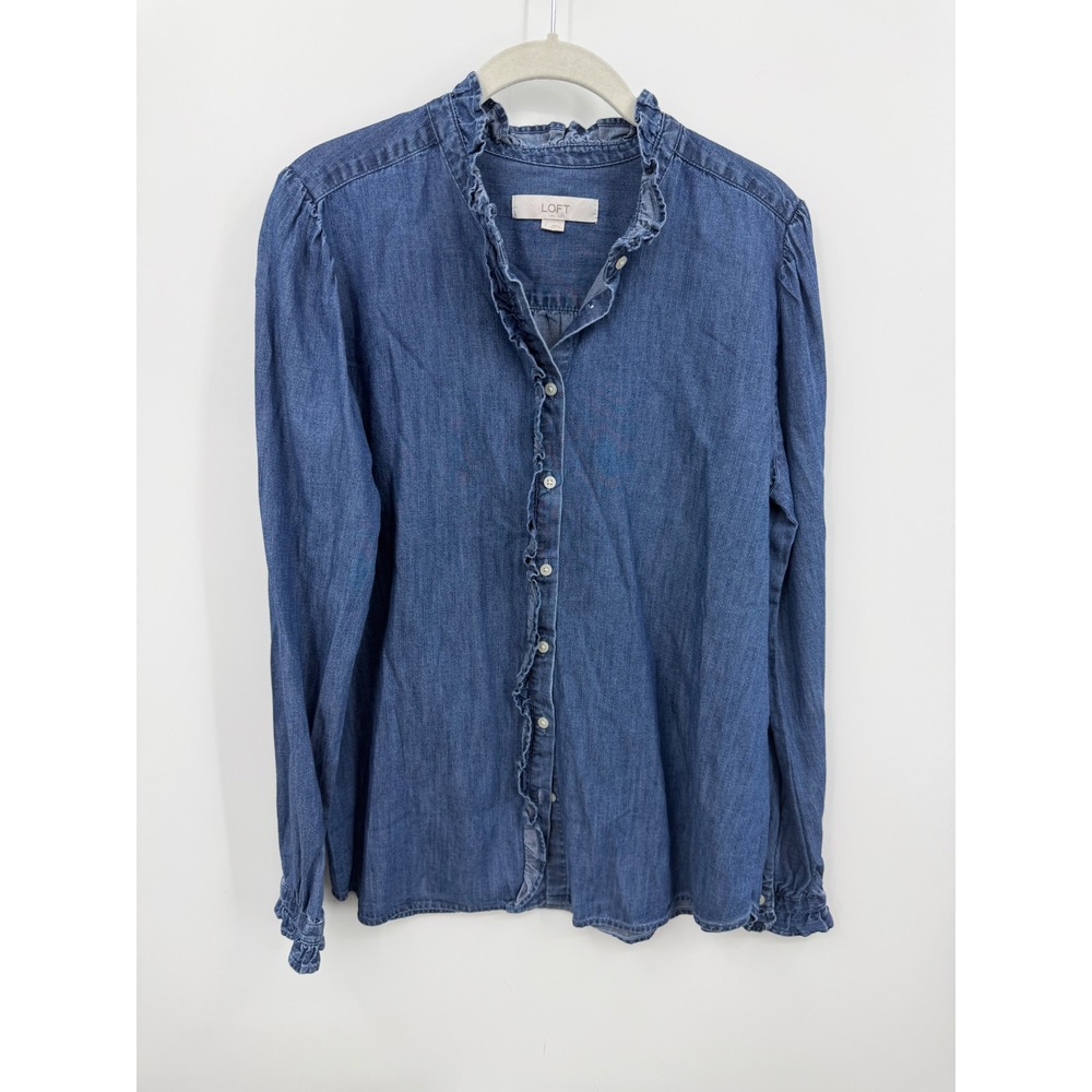 LOFT Ruffle Collar Chambray Shirt Women Size L Blue Button Down Long Sleeve